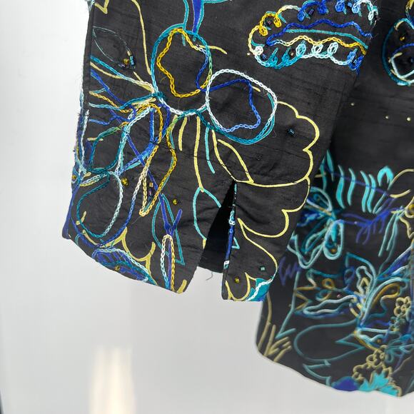 Chico's Design 100% SILK Black Embroidered Floral Button-Up Blouse Sz 2 (L/12) - Picture 4 of 7